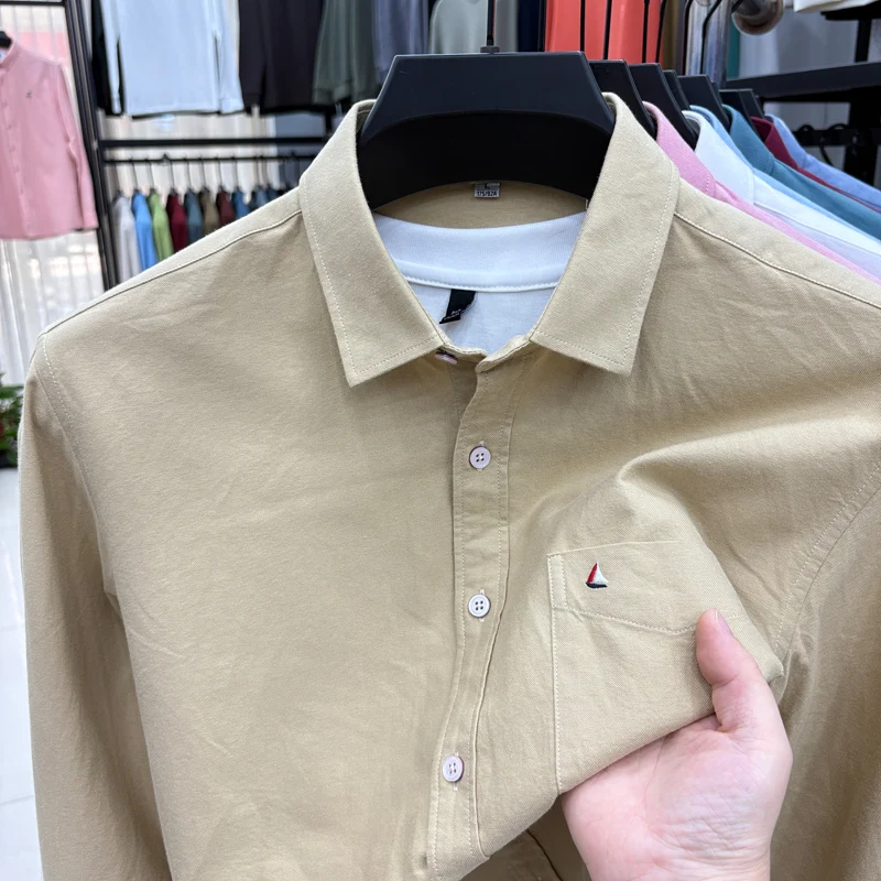 men's cotton100%  autumn high quality shirt lapel embroidery pocket long sleeves leisure business skin-friendly men clothing top