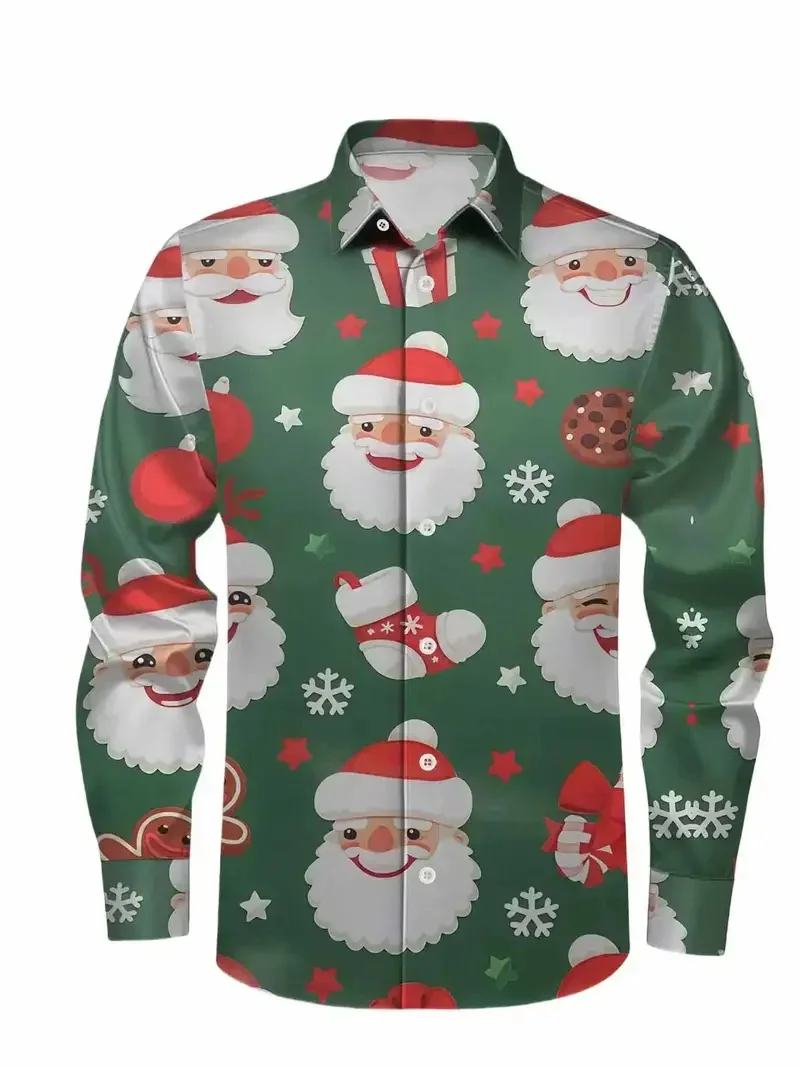 2026 New Men's Festive Holiday Party Long Sleeved Shirt with 3D Christmas Print, Fashionable Elegant Snowman New Year Soft Shirt