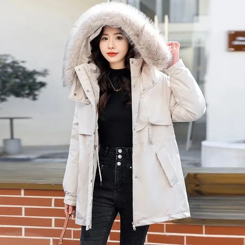 Pai Overcome Cotton Clothes Female Mid Length 2023New High Grade Cotton Clothes Waist Slim Wool Collar Cotton Coat Women Outcoat