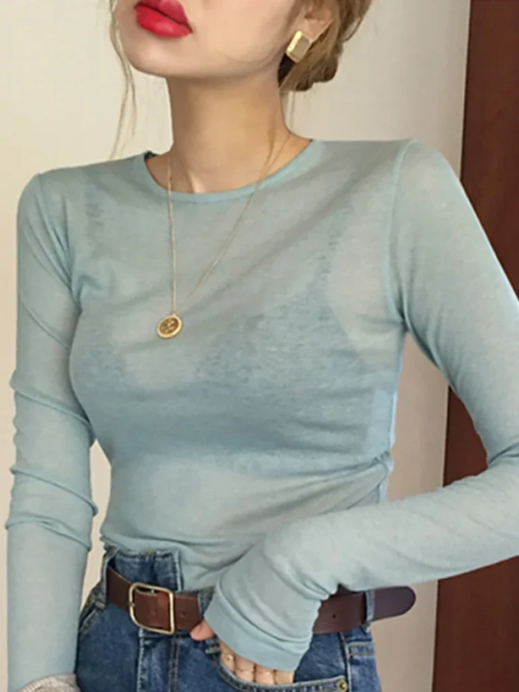 Sexy See-through Loose Solid Women T-shirts Korean Style Spring Summer Thin Transparent Long Sleeve Tshirt Female Casual Top Tee