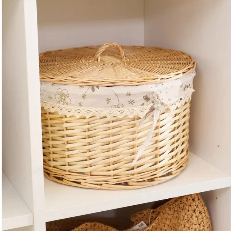 Handmade Rattan Basket with Lid, Snack Box, Household Toy Storage, miscellaneous Organizer for Tea Table, Decorative Home Basket