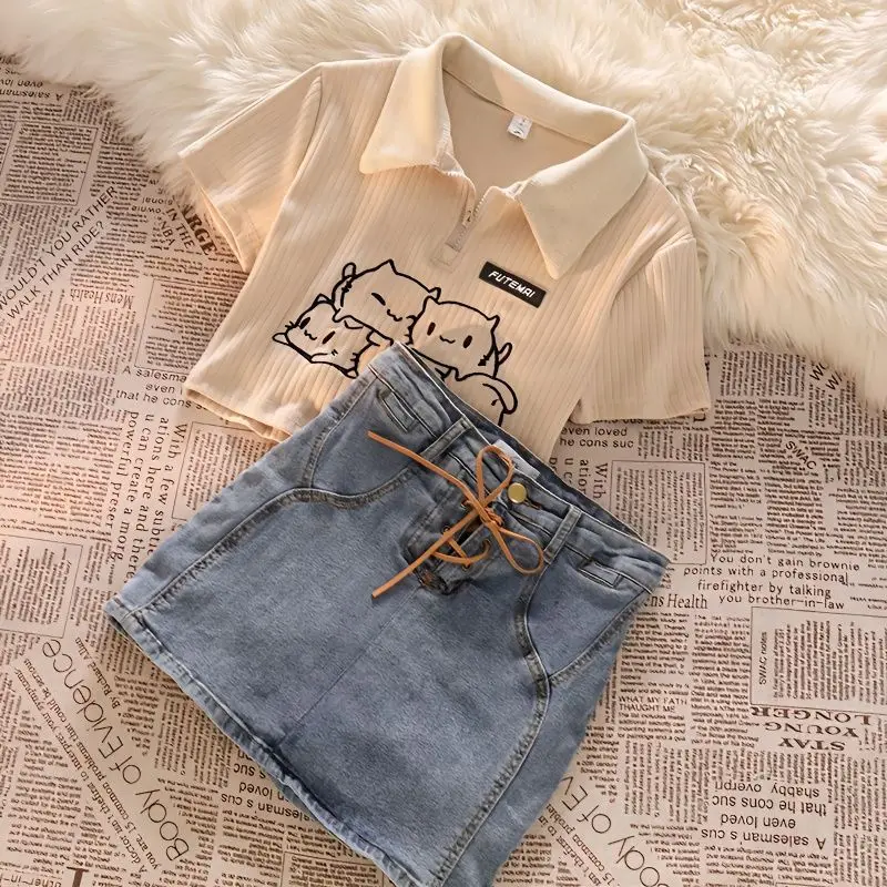 

Girls Denim Skirt Set Hot Girl Outfit Summer 2023 New Short Section Polo Collar Top Denim Skirt Two-Piece Girl Clothes Trend