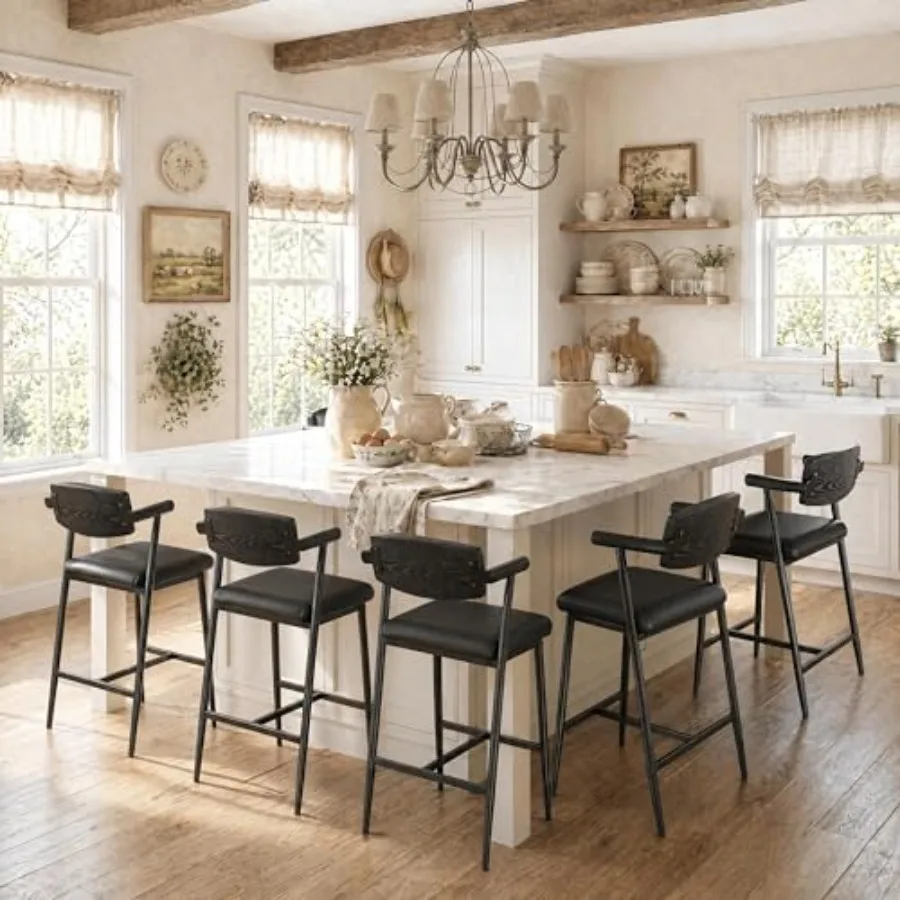 

Bar Stools Set of 6 with Arms and Wood Back, Soft Wider Seat Metal Tall Barstools with Footrest, Heavy Duty, 6 PCS Counter High