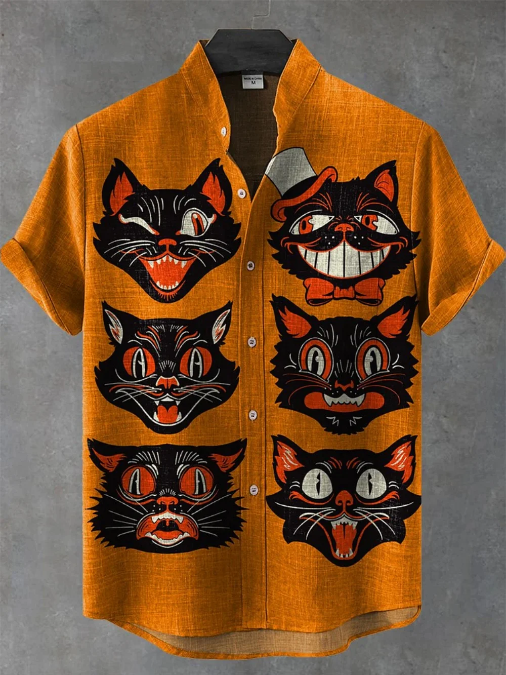 남성용 반팔 스탠드 칼라 셔츠, 일본 복고풍 아트 프린트 버튼 업 셔츠, 남성용 플러스 사이즈 리넨 셔츠 XS-5XL