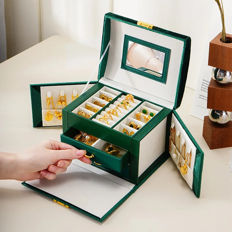 Luxury flannel Jewelry Organizer Box 3 Layers Large Jewelry Box Travel Jewelry Case With Mirror For Necklaces Earrings Rings