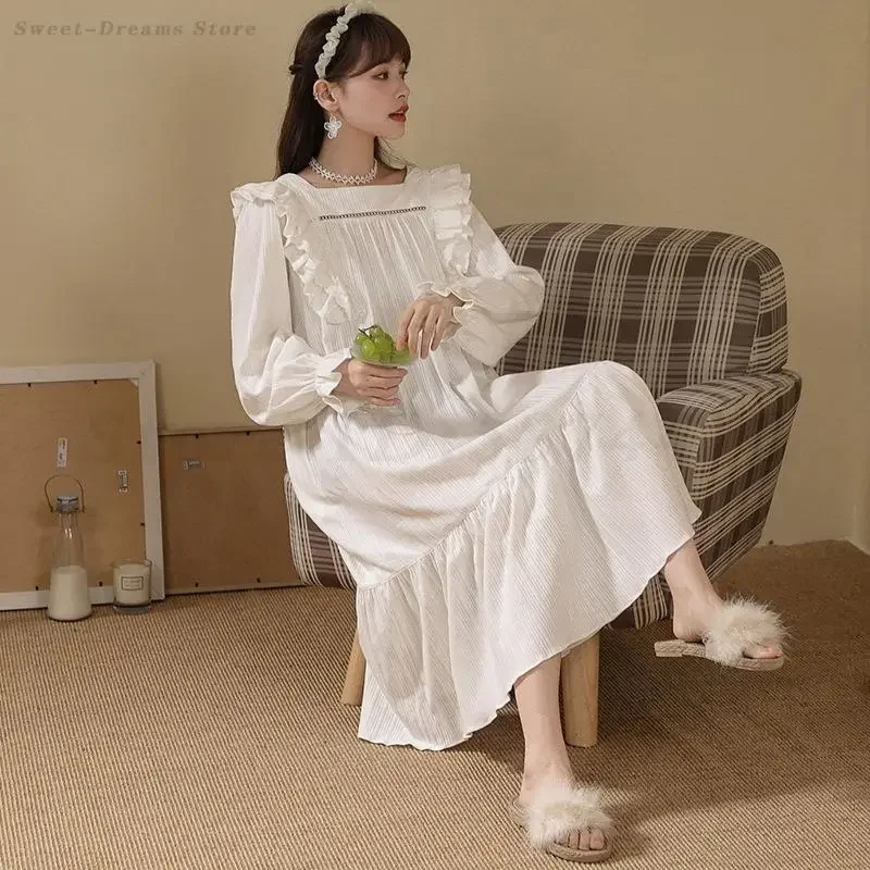 

French Square Neck Sleeping Dress Spring Autumn Sweet Long Nightgown White Cotton Sleepwear Simple Home Wear Loungewear Pajama