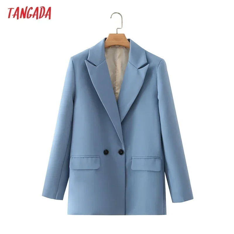 Tangada Women Khaki Blazer Coat Vintage Notched Collar Pocket 2023 Fashion Female Casual Chic Tops DA02