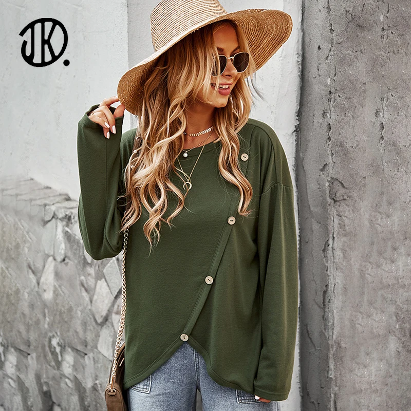 

Autumn Knitted Pullover Women Irregular Button Up Top Casual Round Neck T Shirt Spring Long Sleeve Loose Outwear Women Knitwears