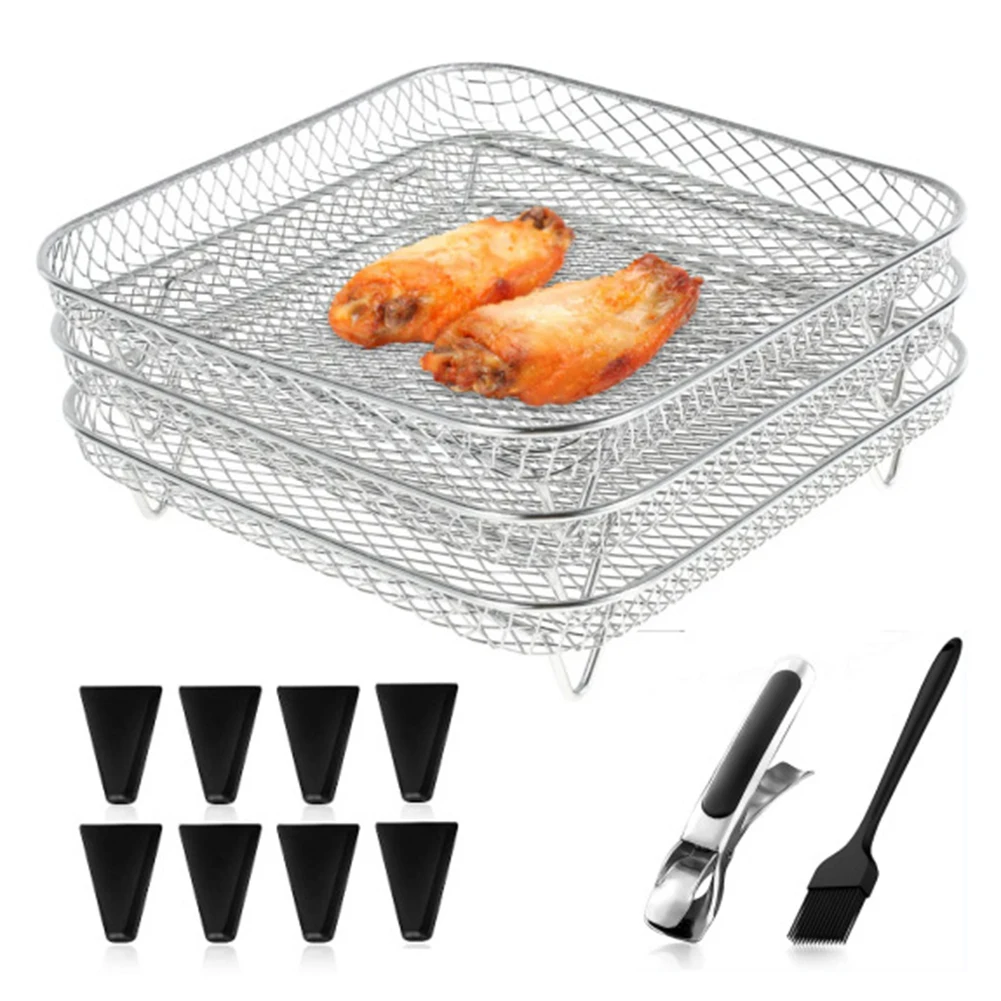 13 Piece Air Fryer Rack with Multi Tier Design Silicone Feet for Stability Brush and Folder for Convenient Cooking