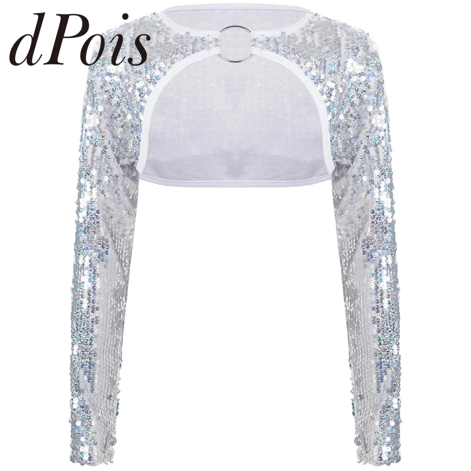 Kids Girls Glittery Sequin Bolero Fashion Chldren Jacket Long Sleeve Shrug Crop Top for Rave Party Festival Prom Dance Costume