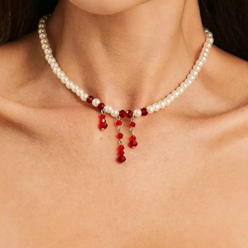 SHIXIN Gothic Red Crystal Blood Drop Tassel Choker Necklace for Women Elegant Imitation Pearl Chain Halloween Neck Jewelry Gift