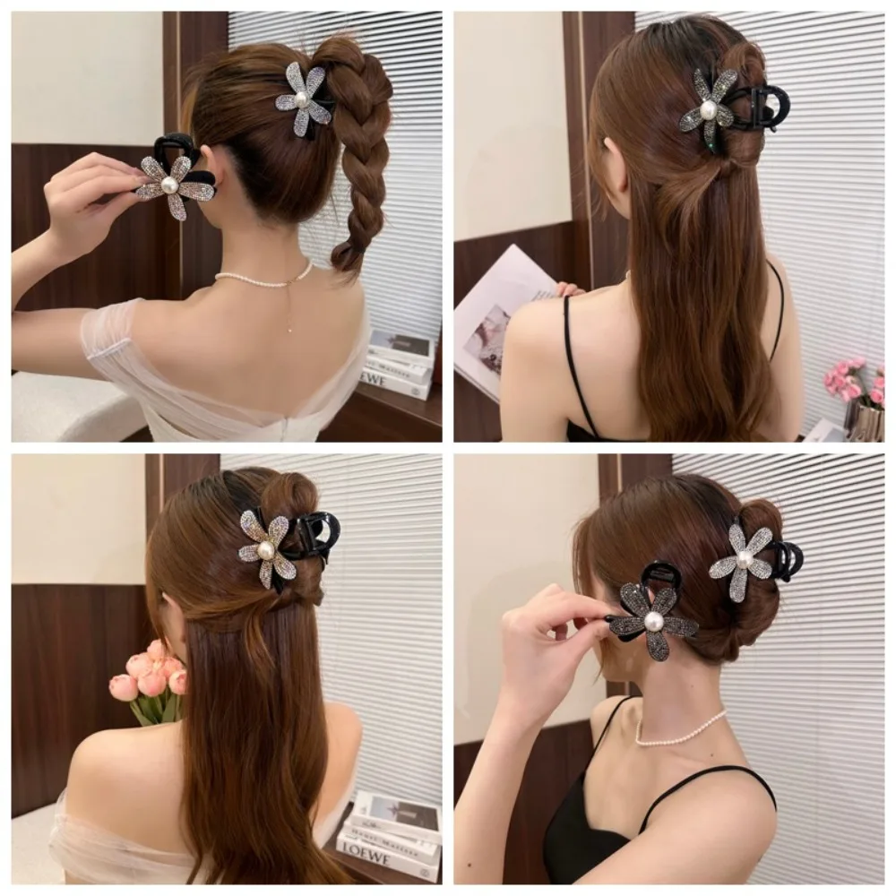 Shiny Diamond Rhinestone Hair Clip Flower Barrettes French Non-slip Flower Beads Duckbill Clip Side Bangs Clip Full Diamond
