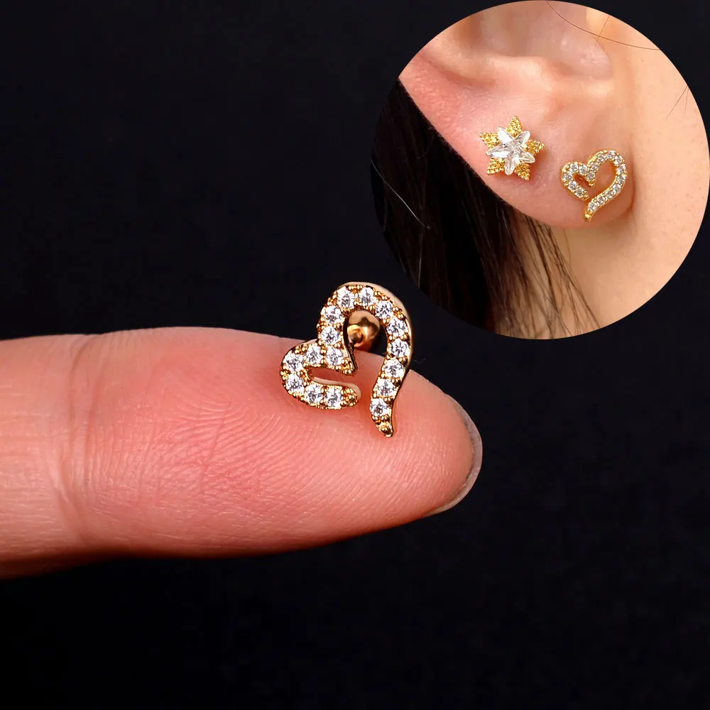 1PC Korean Fashion Cz Ear Stud Cartilage Earring for Women Heart Leaf Flower Zircon Small Stud Earring Ear Piercing Jewelry Gift