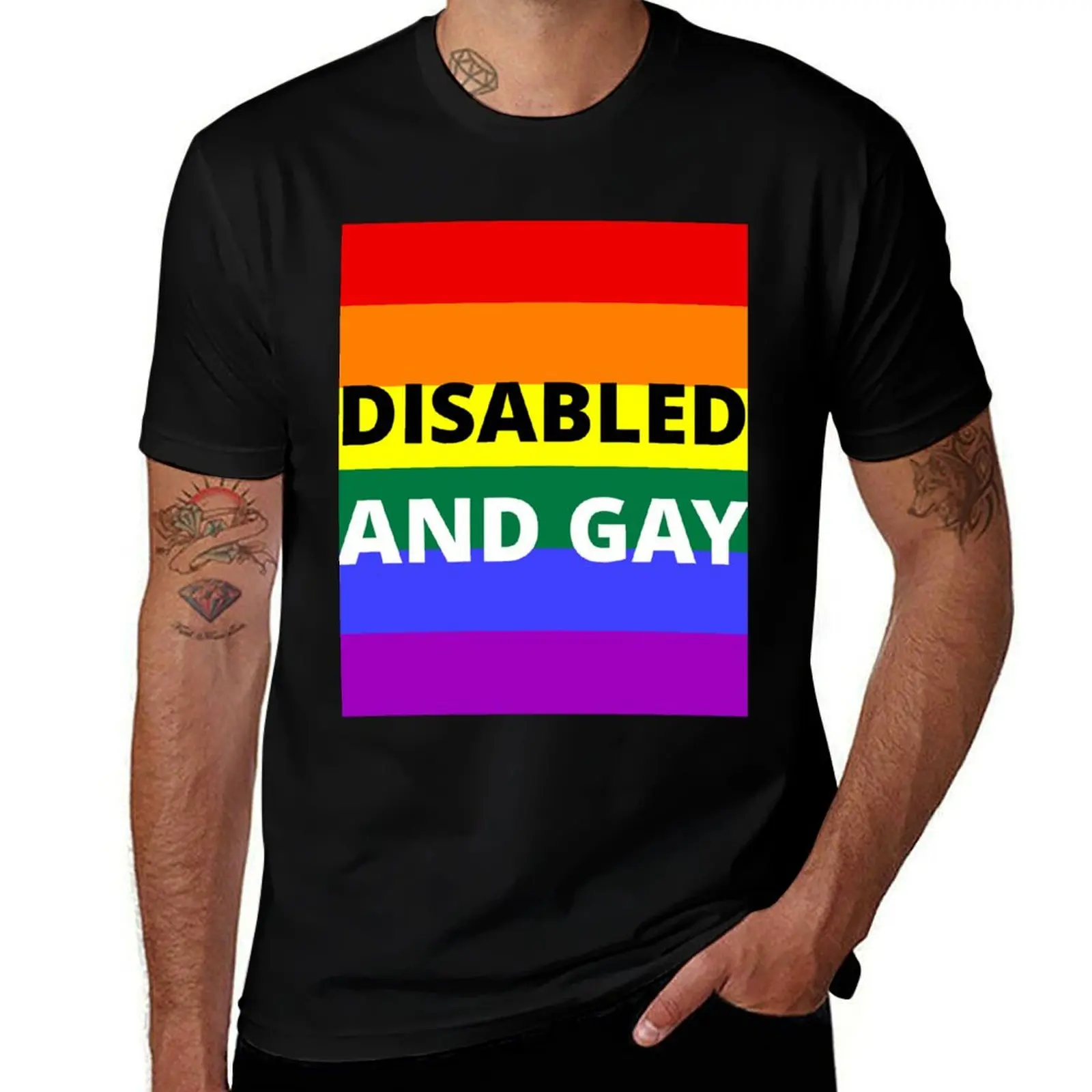 DISABLED AND GAY on rainbow background T-Shirt t shirts for man graphic funny man t shirts cotton t shirt personalised T-Shirt