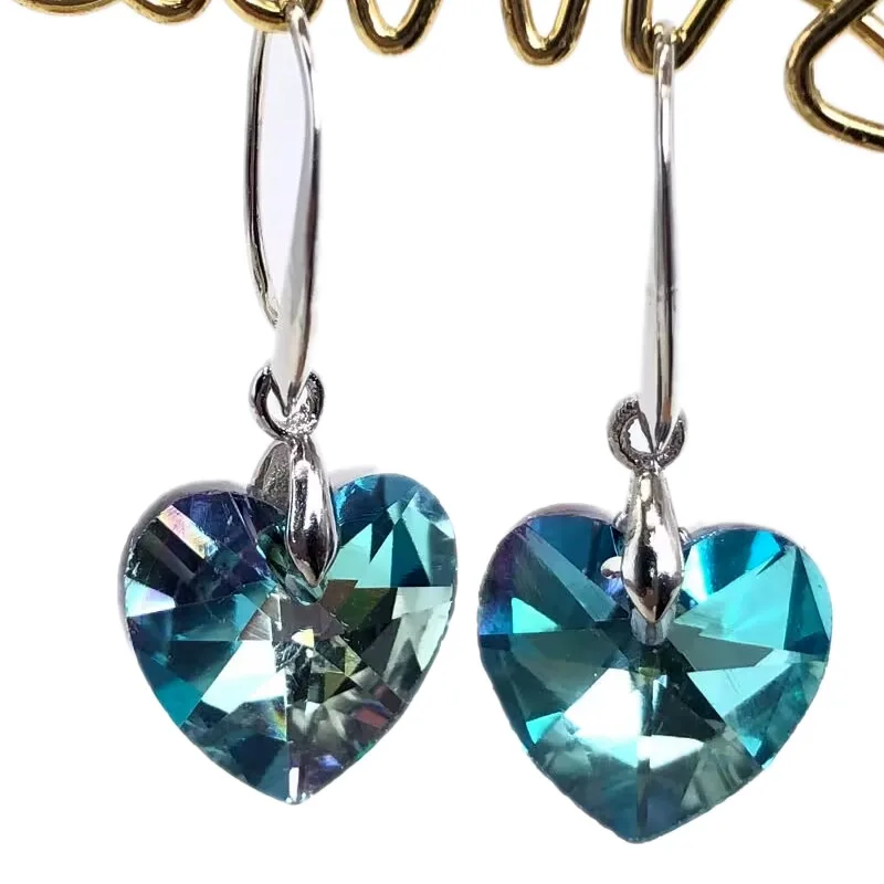 2023 오스트리아 크리스탈 실버 도금 귀걸이 여성을위한 생일 선물을위한 바다 모양의 귀걸이의 블루 컬러 하트 pendientes