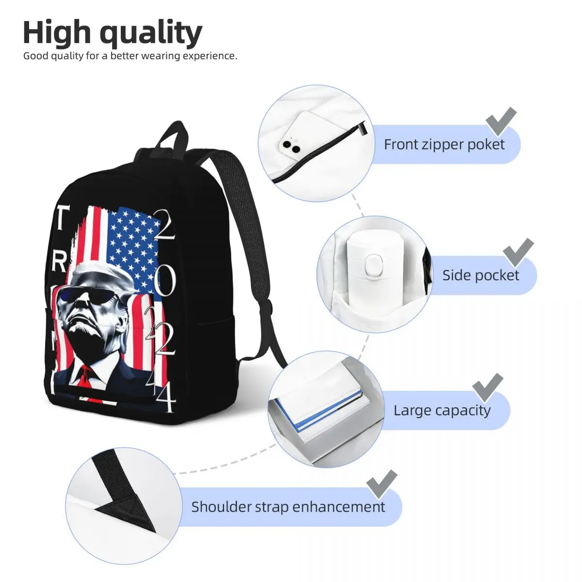 Campus Trump 2024 Multi Compartment Good Quality Donald Trump Rucksack Office Workers Rucksack For Gifts