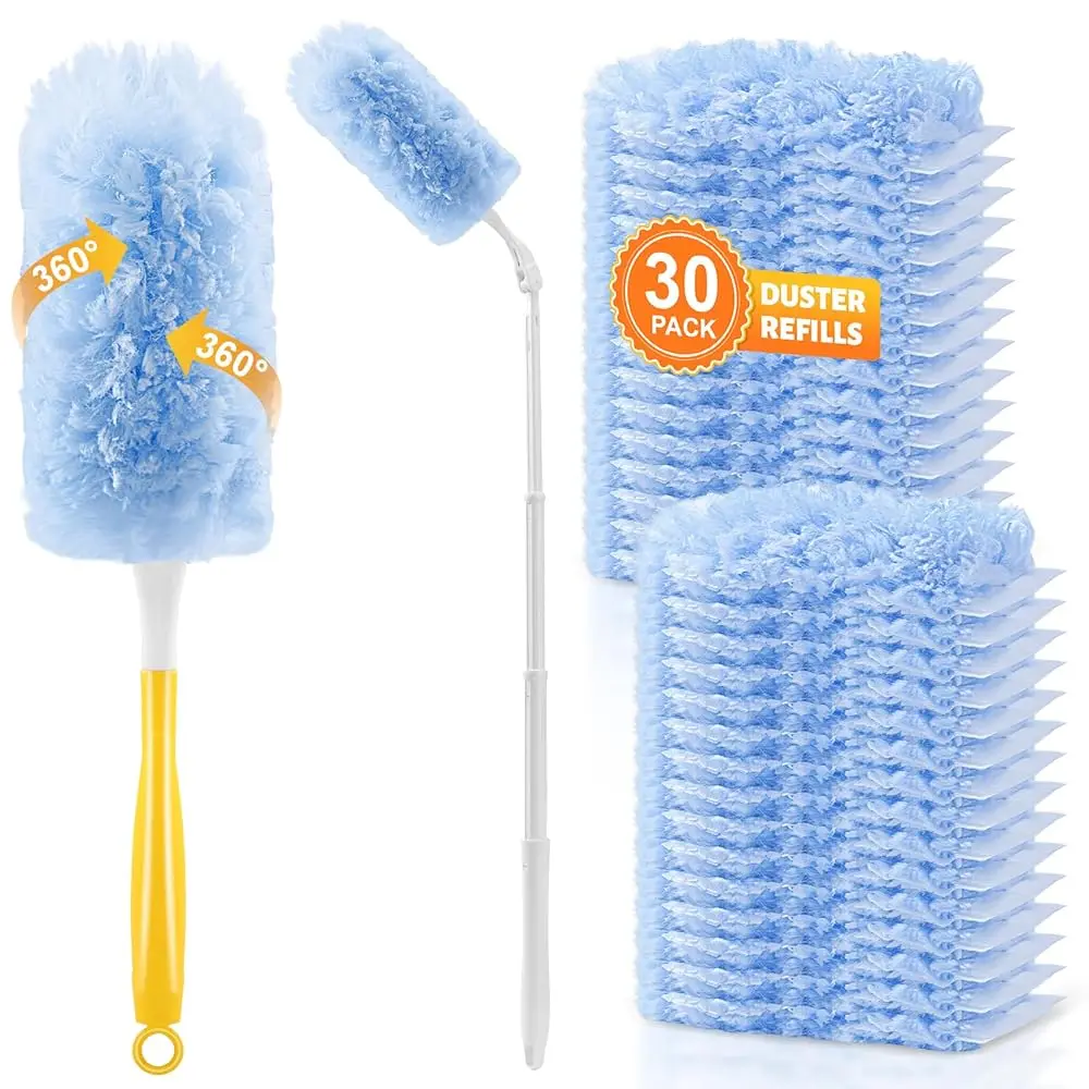 

30-Pack Heavy Duty Duster Refills Compatible with Swiffer, 3FT Extendable Handle, 5X Multi-Surface Microfiber Duster for Home