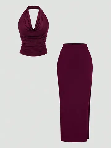 Plus Size Ms. Burgundy Sexy Romantic Urban Woman Sleeveless Neck Swing Neck Top + Split Half Skirt Long Skirt Two Piece Set