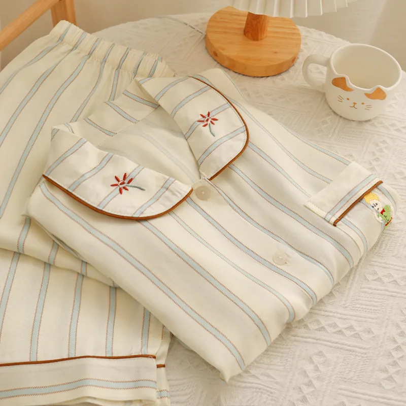 Spring and Summer New Women's Striped Pajamas Homewear Set Girls Summer Net Red Long-Sleeved Simple Pajamas Homewear Set