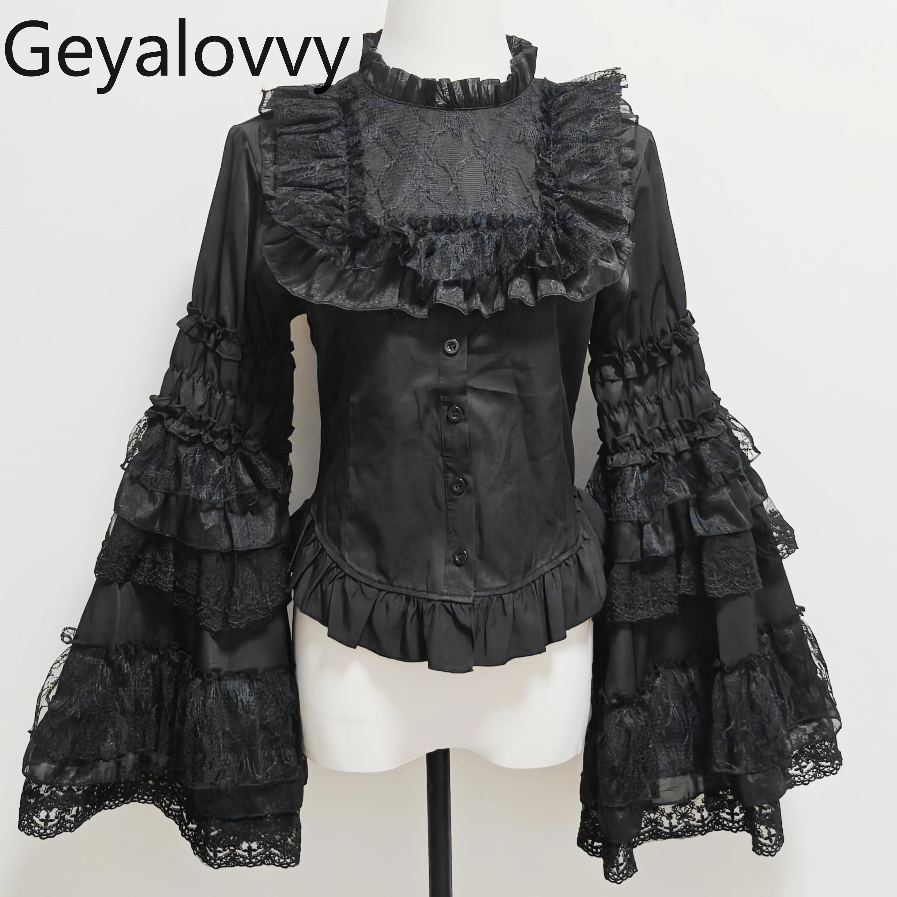 เสื้อสไตล์ยุค Y2K กอธิค ขาวดำ ลอลิต้า หรูหรา แนวเจ้าหญิง แต่งลูกไม้ แขนยาว สำหรับฤดูใบไม้ผลิและฤดูใบไม้ร่วง คอตั้ง สไตล์ลำลอง