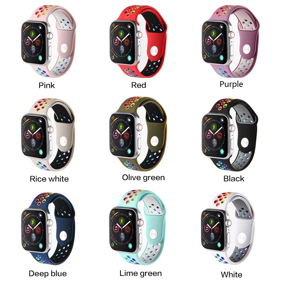 ชุดนาฬิกา Apple 6/SE/5/4/3/2/1 Breathable สายรุ้งสีสันซิลิโคนสำหรับ iwatch 40มม.44มม.38มม.42มม.