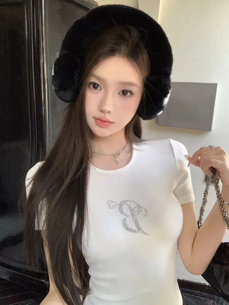 

Women's 2025 Round Neck Short Sleeve Straight Shoulder T-Shirt Summer American Sweet and Cool Hot Girl Style Slim-fit Short Top