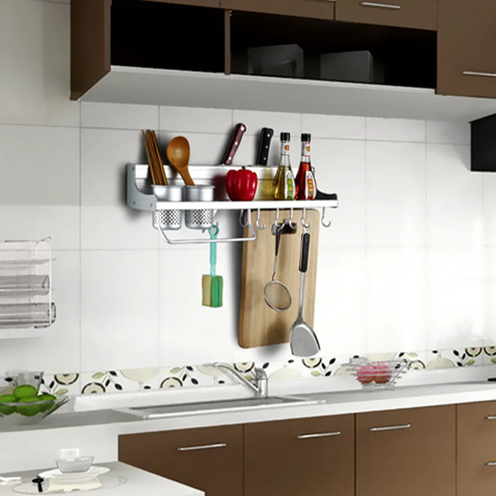 

Wall Spice Rack Kitchen Organizer Aluminium Alloy 8 Hooks Knife Slots Thickened Shelf Condiment Holder Spice Rack