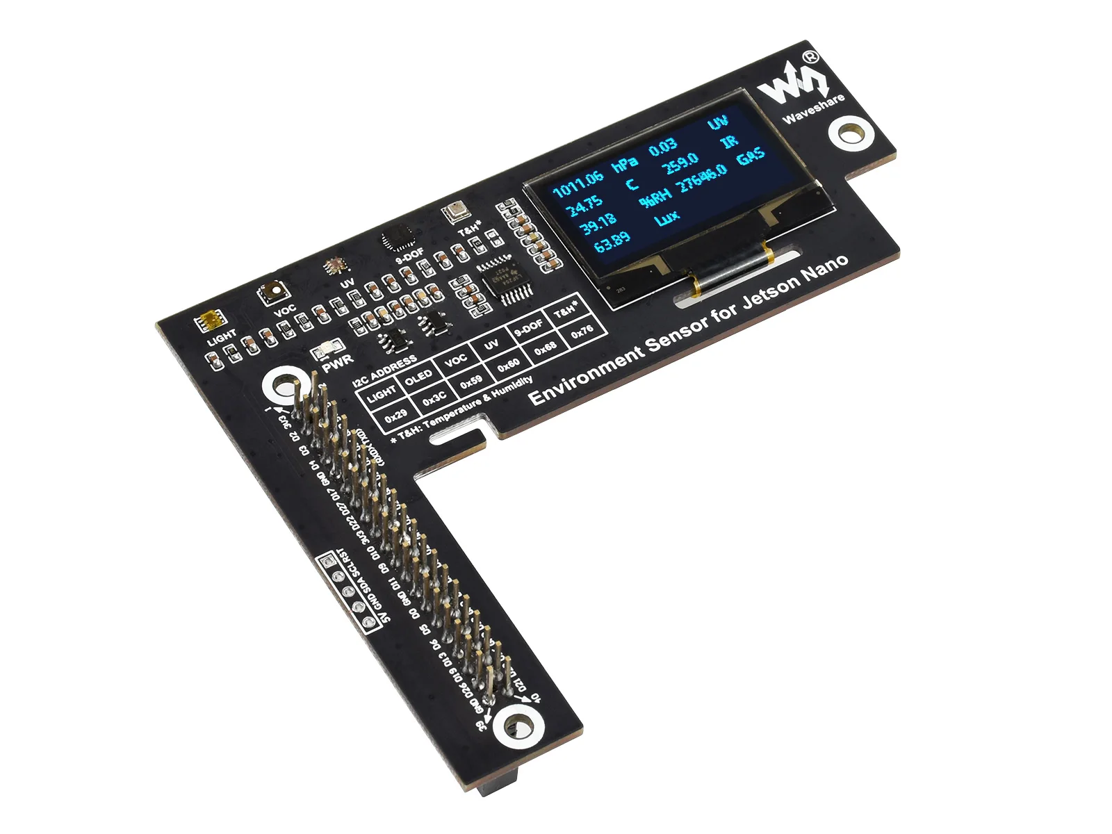 

Environment Sensor for Jetson Nano,Designed For Jetson Nano,I2C Bus,With 1.3inch OLED Display,For measuring I /visible light etc