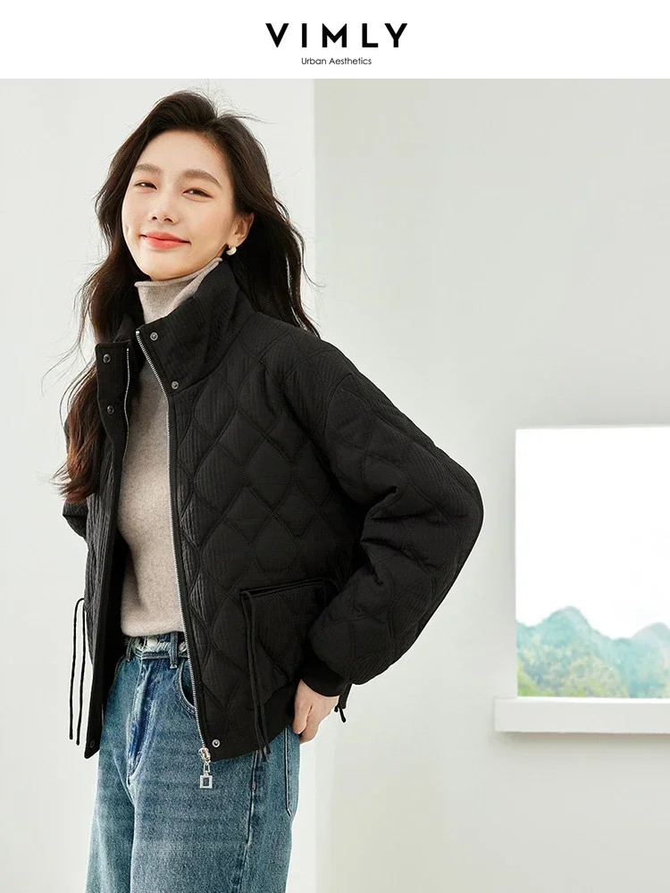 Vimly Cropped Argyle Quilted Jackets Women 2023 Casual Straight Loose Stand Collar Zipper Thick Warm Winter Coat for Women M3613