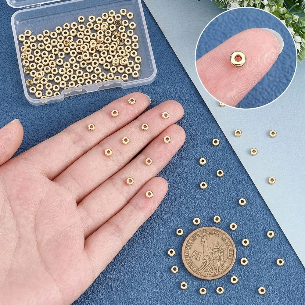 About 200Pcs Real 18K Gold Plated 4mm Flat Round Beads Stainless Steel Spacer Beads Hole 1.5mm Disc Beads Finding for DIY