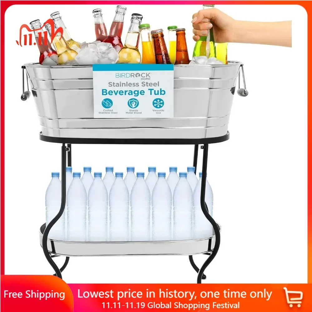 

Party Ice Cooler Table with Stand, Bottom Tray, Ices Bucket, Wooden Handles, Party Drink Holder, Free Standing Ice Cooler Table