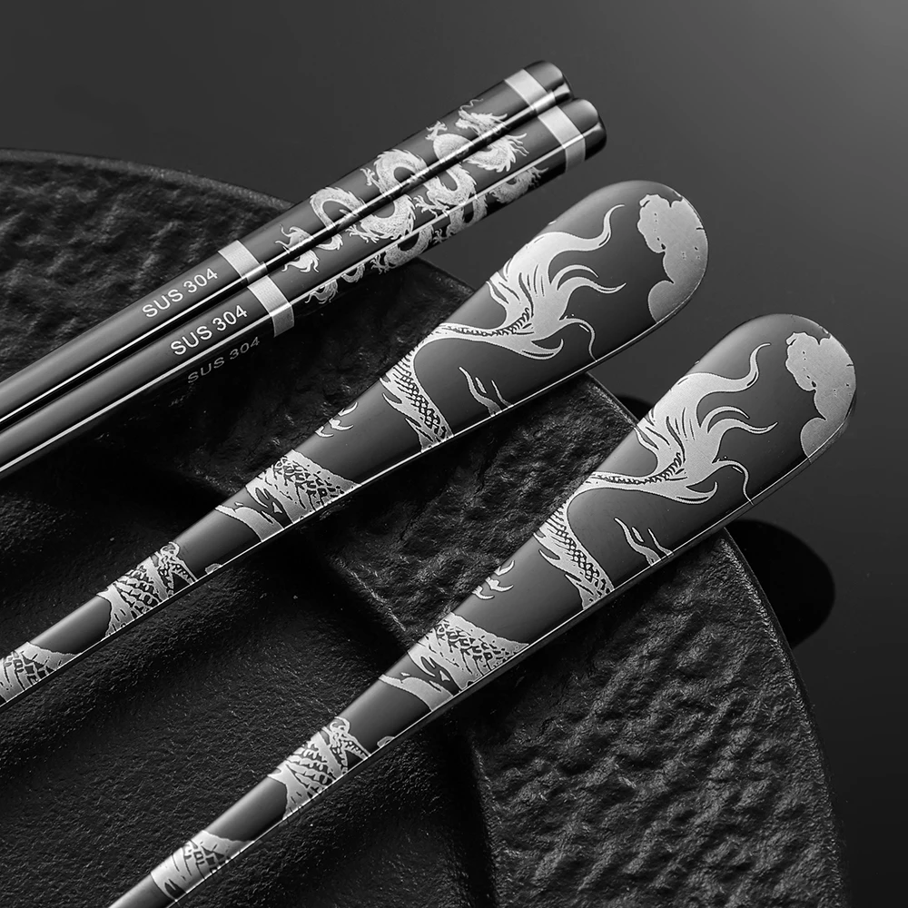 Portable Non-slip Stainless Steel Utensil Set Laser Dragon Design Chopsticks Fork Spoon for Camping Home Gift
