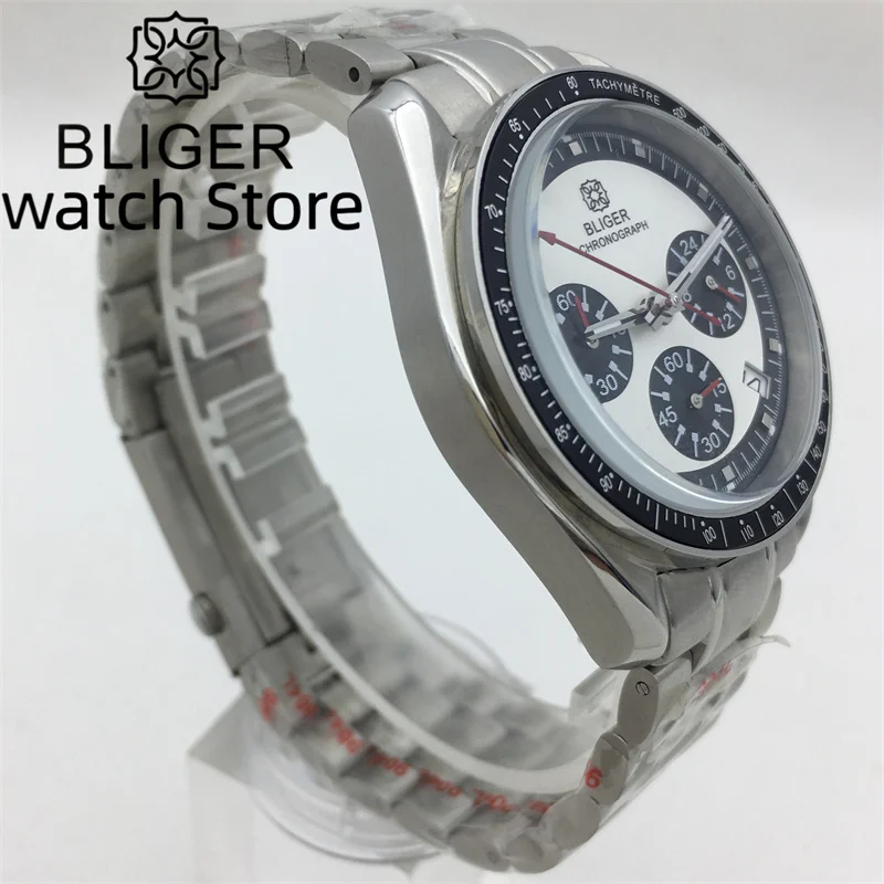 BLIGER VK63 Movement Chronograph Multi Function 40mm quartz run Second Chronograph Men\'s watch white dial steel/rubber strap