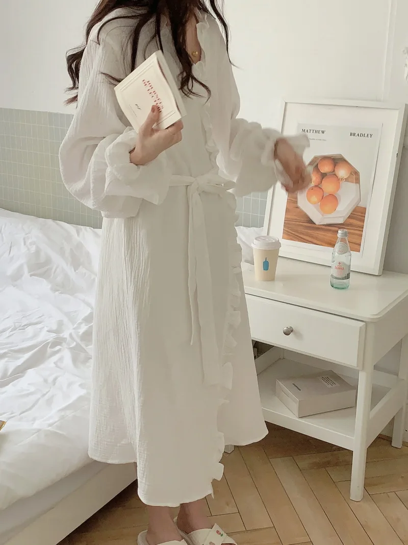 Cotton Bathrobe Women Ruffles Long Sleeve Korean Sweet Kimono Robe Elegant Spa Lady Spring Autumn Home Dressing Gown Pajamas