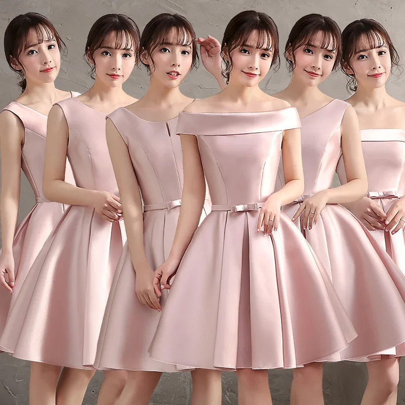 Pink Off Shoulder Bridesmaid Dress Simple Satin Sweet Bow wedding Wedding Female Guest Dresses Fashion A-line Short Party Gown