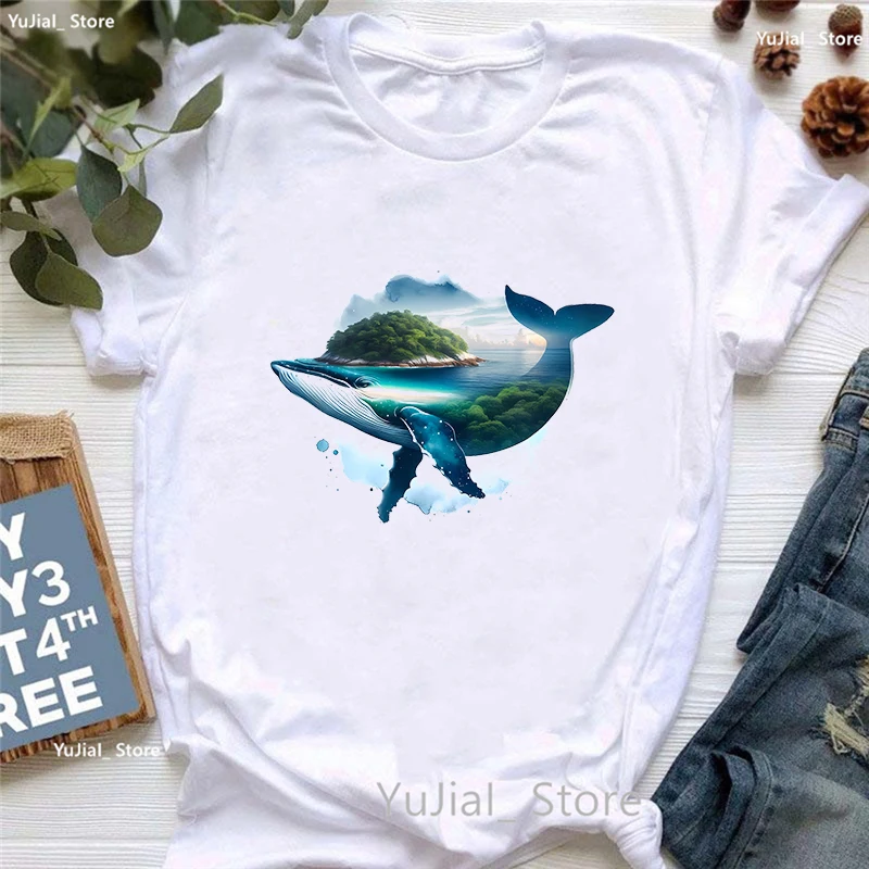 Watercolor Whale Printed T Shirt Women Clothes 2024 Flowers Fashion Tshirt Femme Summer Short Sleeve T-Shirt Female