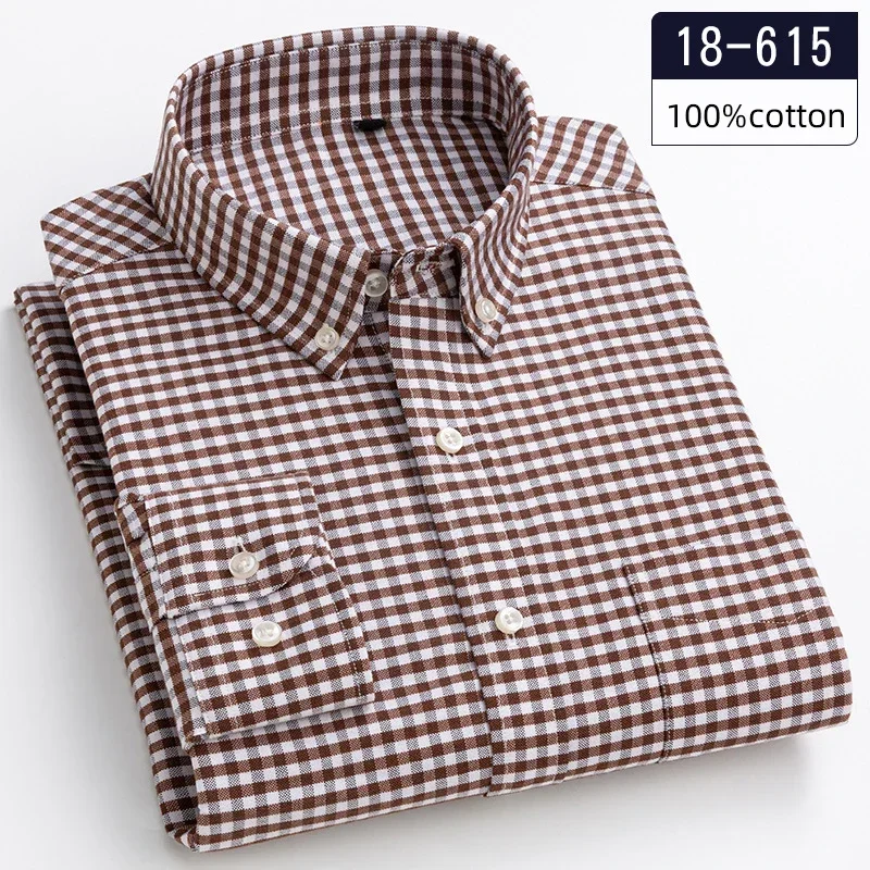 Novedad en camisa de alta calidad, camisas de manga larga 100 % algodón para hombres, tops informales ajustados a cuadros suaves, ropa de pata de gallo con bolsillo