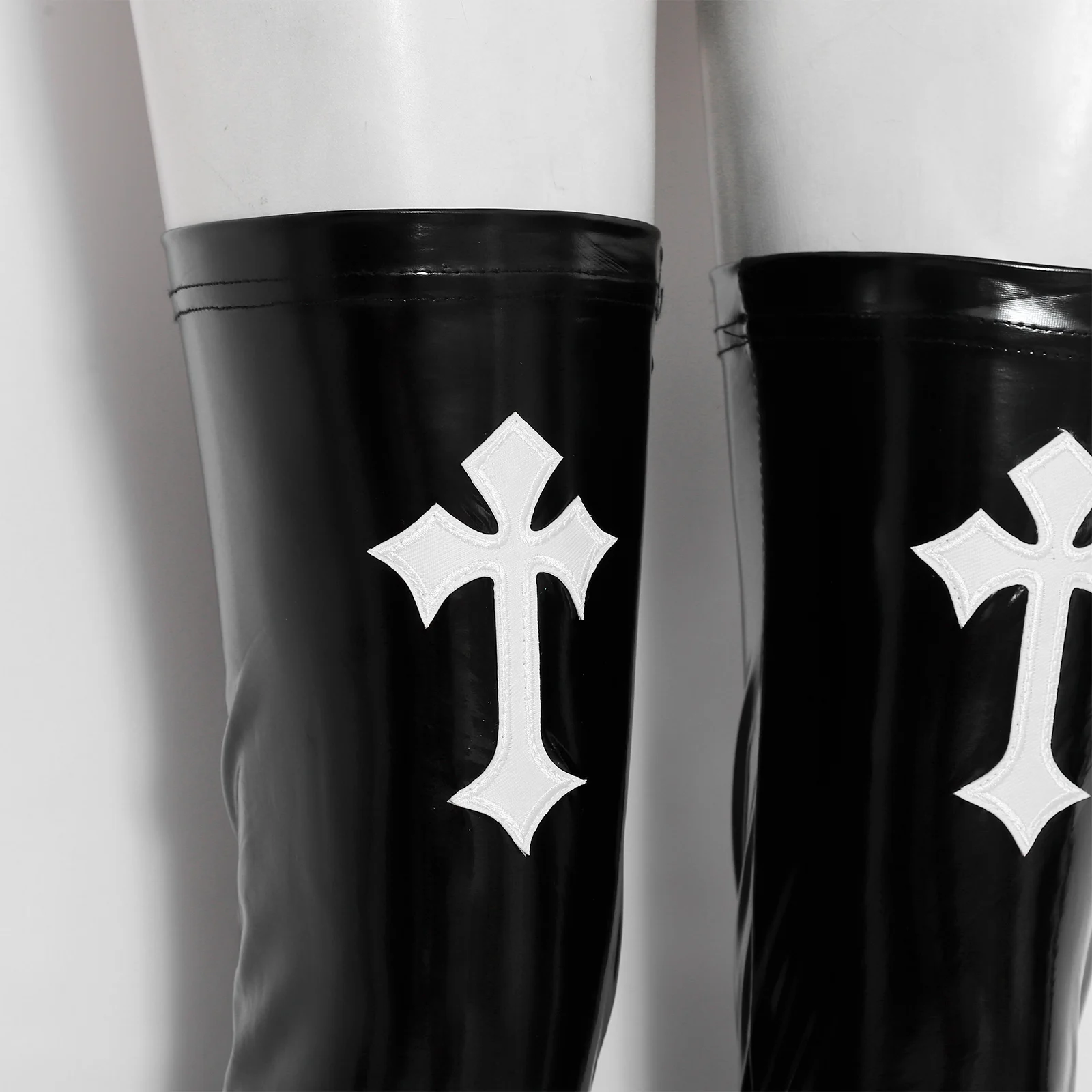 여성용 섹시한 폴 댄스 클럽 파티 양말, 웨트룩 라텍스 수녀 스타킹, 가톨릭 자매, 반짝이는 특허 가죽 허벅지 높이 스타킹