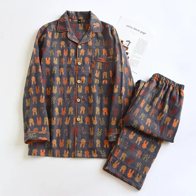 

New Cotton yarn Pajamas Sets For Couple Loose Casual Print Womens And Mens Pyjamas Sleepwear Nightgown Homewear