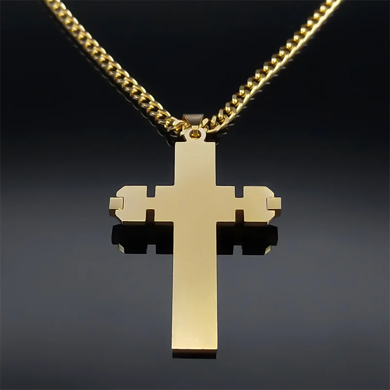 Hip Hop Spanish Lord's Prayer Cross Necklace for Women Men Gold Color Stainless Steel Bible Verse Chain collar hombre N6207GD