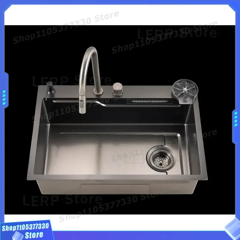 Handmade 304 Stainless Steel Kitchen Sink Modern Single Bowl Waterfall Design Multifunctional Wash Basin for Home Decoration