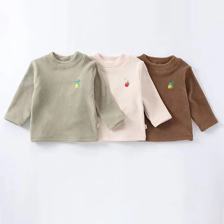 

Ins Winter Newborn Boy Pullover Oli Velvet Long Sleeve Fruit Embroidery Round Collar Thicken Baby Boy Tops Infant Boy Undershirt