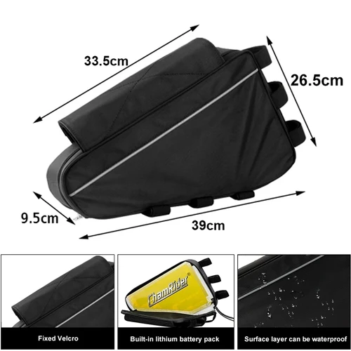 Imagen 2 del producto Bolsa de batería triangular para bicicleta eléctrica, 36V, 48V, 60V, 72V, E-BIKE, bolsas triangulares para cuadro de bicicleta negra, carga máxima de 126 celdas