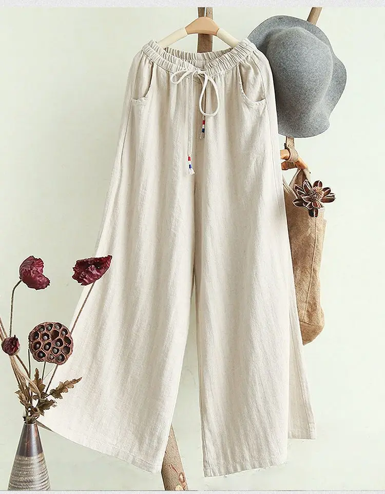 Retro Literary Pure Cotton Wide-leg Pants Spring and Summer New Versatile Drawstring Elastic Waist Loose Slim Casual Trousers