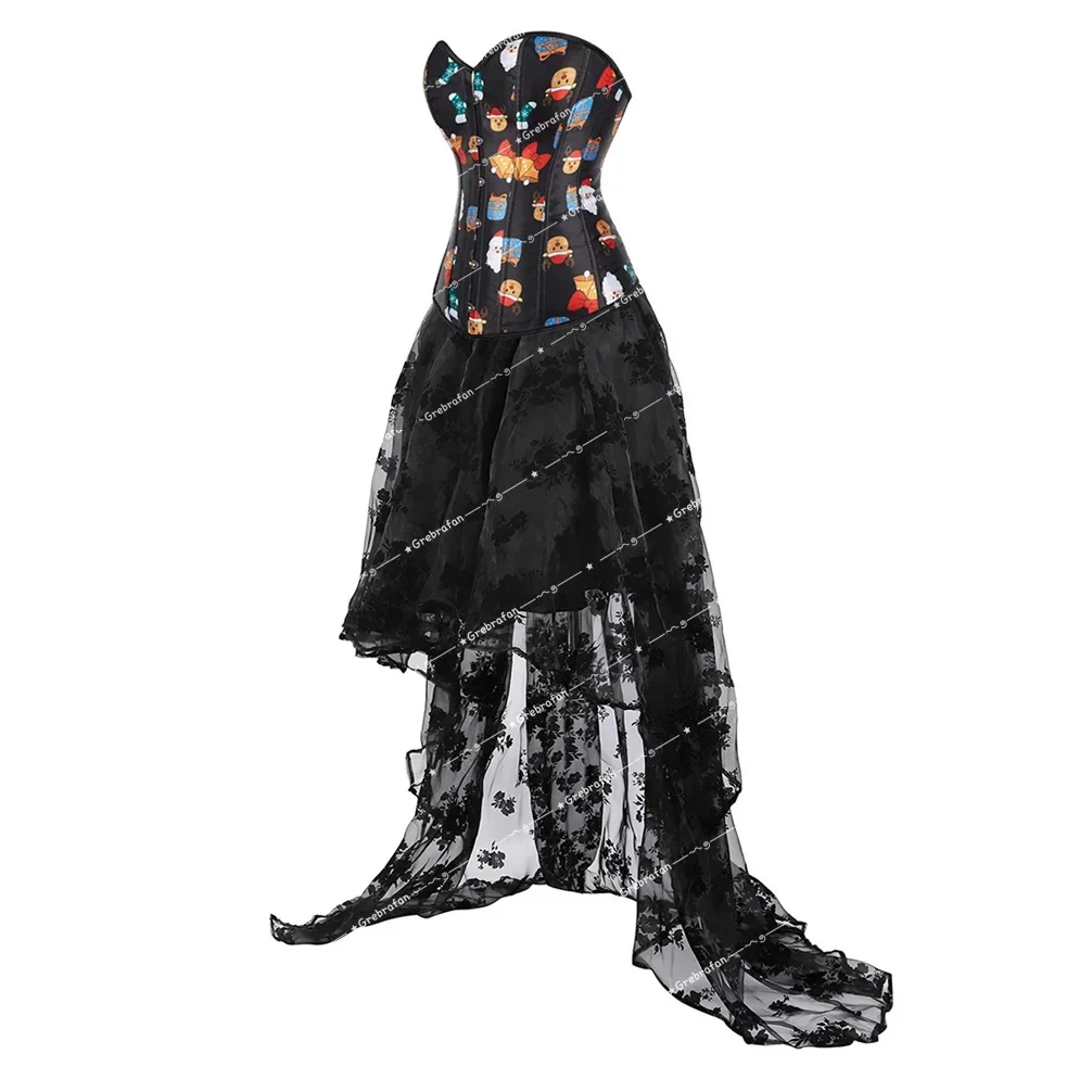 Women's Corset with Skirt Vintage Corsets Pumpkin Skull Print Bustier Dress Burlesque Corsage Outfit Plus Size Halloween Costume