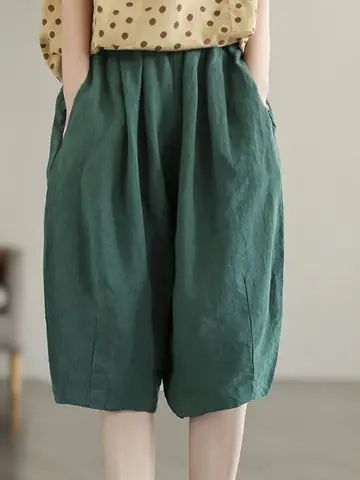 느슨한 코튼 린넨 5 점 바지 여성의 높은 허리 넓은 다리 짧은 캐주얼 바지 얇은 모델 플러스 사이즈 여름 패션