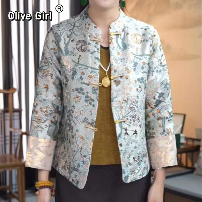 

Olivegirl темная жаккардовая китайская куртка двустороннее пальто для женщин весна 2026 высококачественное темпераментное пальто топ розовый синий одежда