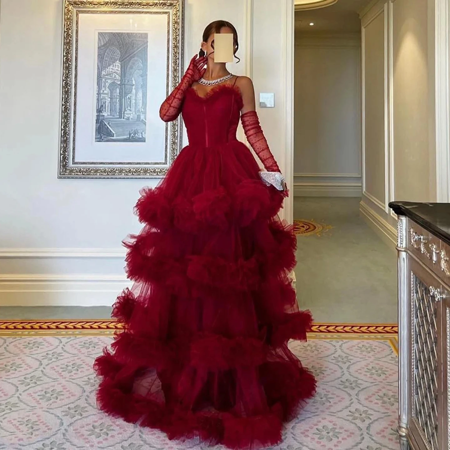 Arabic Burgundy Tulle Tiered Ruffles Evening Dresses with Gloves Pink Spaghetti Straps Wedding Party Gowns SF049