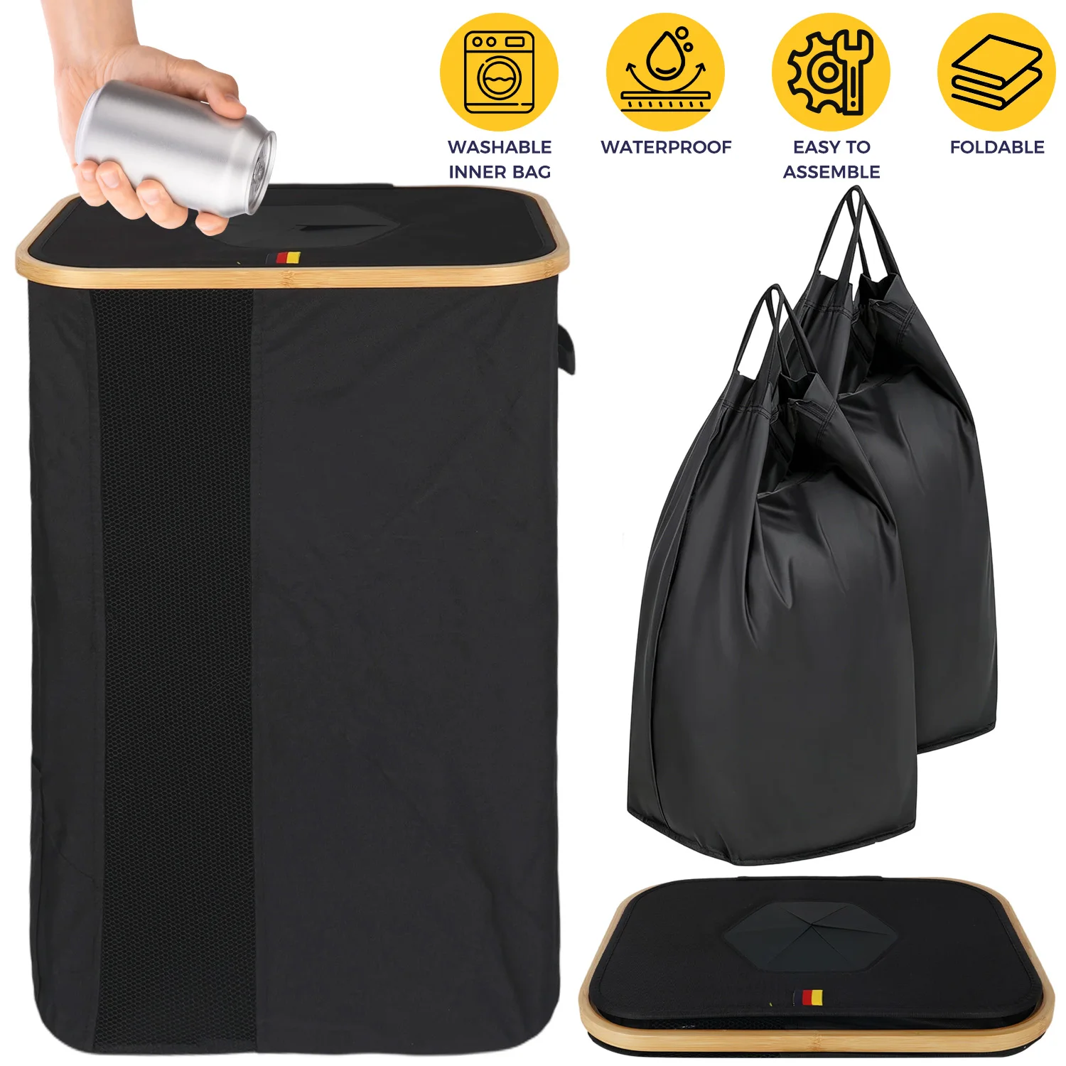 1 panier de rangement pliable à double compartiment de 110 L avec couvercle, capacité de 80 à 100 bouteilles, réduisant les fréquences de recyclage.