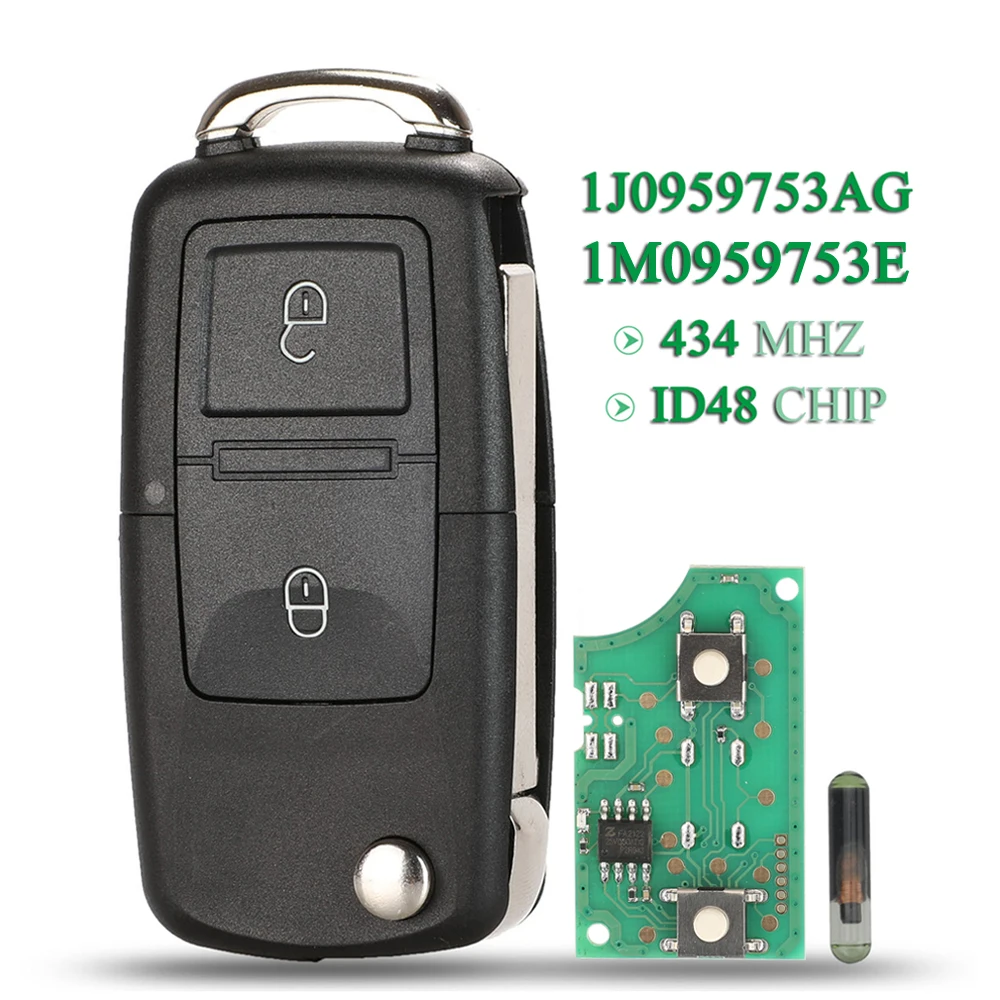 jingyuqin 1J0959753AG 1M0959753E For VW Beetle Bora Golf Passat Polo Transporter T5 Flip Remote Key 434MHz ID48 Chip HU66 Blade